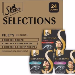 Sheba Selections Filets in Broth Chicken with Tuna & Chicken with Shrimp Variety Pack Grain-Free Cat Meal Complement, 1.3-oz tray, case of 24